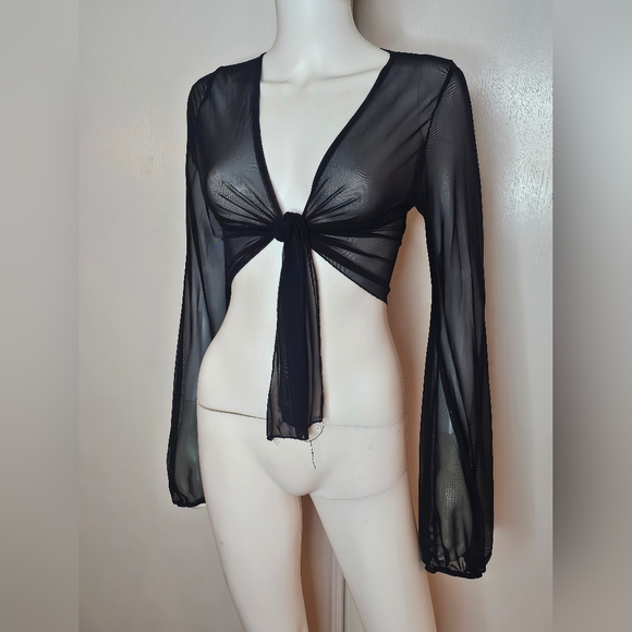 Windsor Black Sheer Tie-Front Long Sleeve Crop Blouse Size S/M - Picture 7 of 7